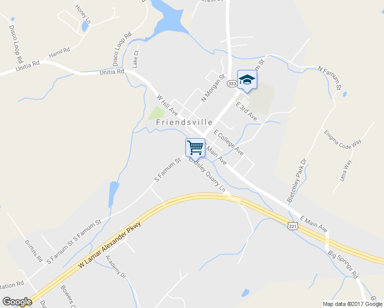 map of restaurants, bars, coffee shops, grocery stores, and more near 315 South Farnum Street in Friendsville