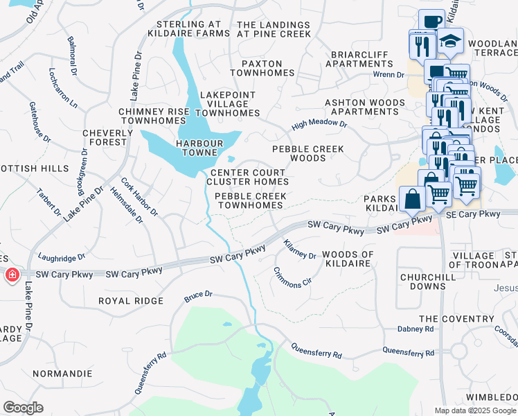 map of restaurants, bars, coffee shops, grocery stores, and more near 460 Pebble Creek Drive in Cary