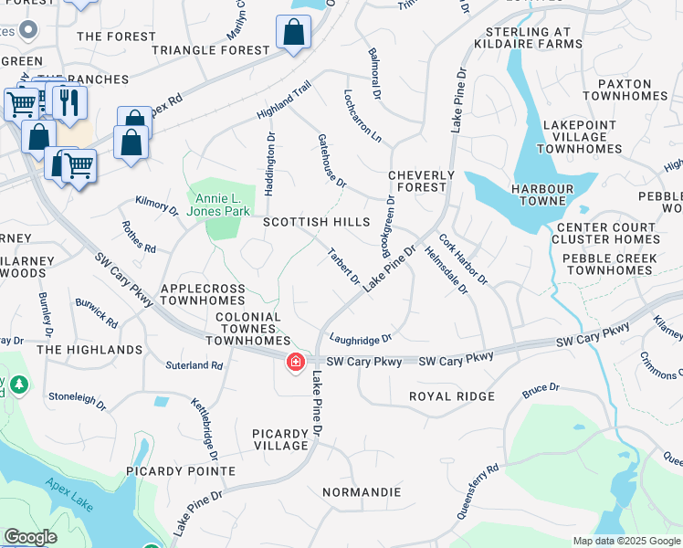 map of restaurants, bars, coffee shops, grocery stores, and more near 1272 Tarbert Drive in Cary