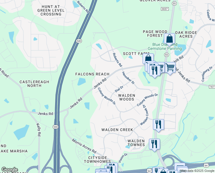 map of restaurants, bars, coffee shops, grocery stores, and more near 2112 Echo Glen Lane in Apex