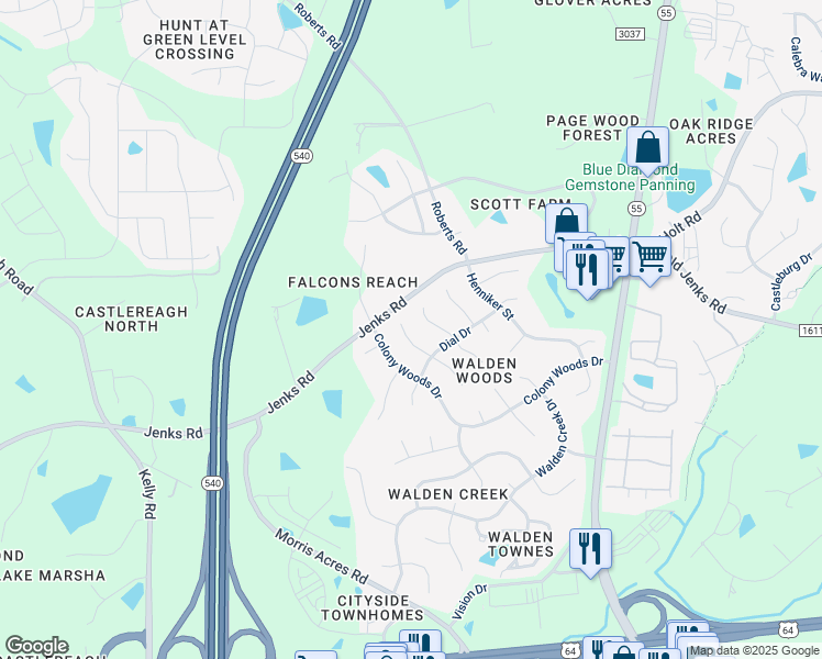 map of restaurants, bars, coffee shops, grocery stores, and more near 2112 Echo Glen Lane in Apex
