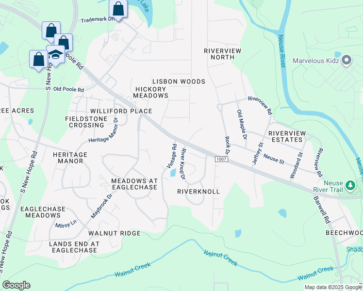 map of restaurants, bars, coffee shops, grocery stores, and more near 1600 River Knoll Drive in Raleigh