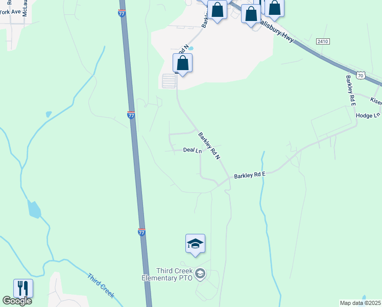 map of restaurants, bars, coffee shops, grocery stores, and more near 123 Deal Lane in Statesville