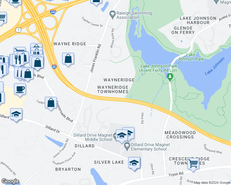 map of restaurants, bars, coffee shops, grocery stores, and more near 1638 Pinna Court in Raleigh