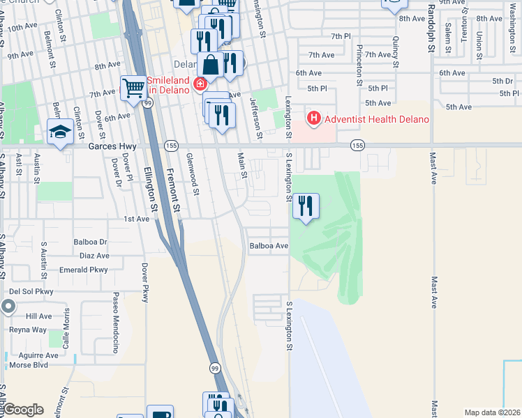 map of restaurants, bars, coffee shops, grocery stores, and more near 102 High Street in Delano