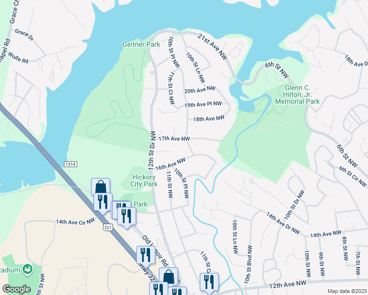 map of restaurants, bars, coffee shops, grocery stores, and more near 1631 10th Street Place Northwest in Hickory