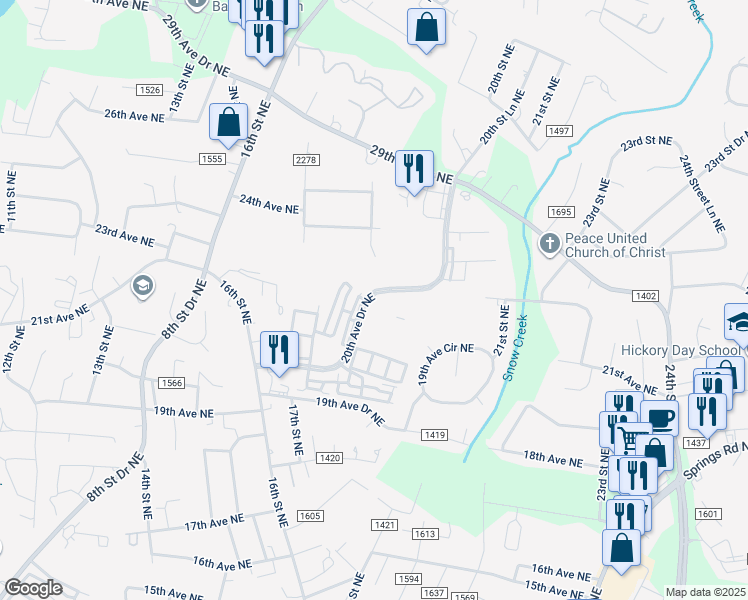 map of restaurants, bars, coffee shops, grocery stores, and more near 1850 20th Avenue Drive Northeast in Hickory