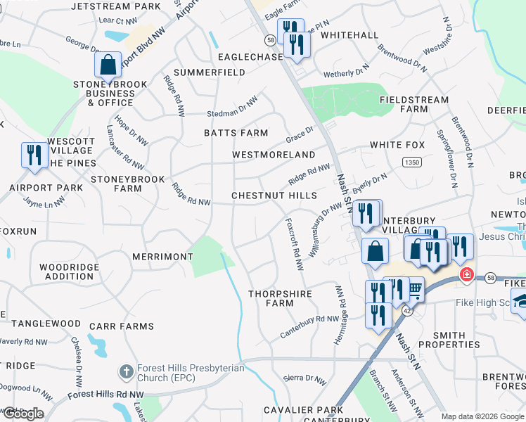 map of restaurants, bars, coffee shops, grocery stores, and more near 303 Ridge Road Northwest in Wilson