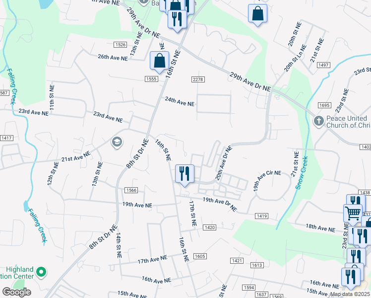 map of restaurants, bars, coffee shops, grocery stores, and more near 1659 20th Avenue Court Northeast in Hickory