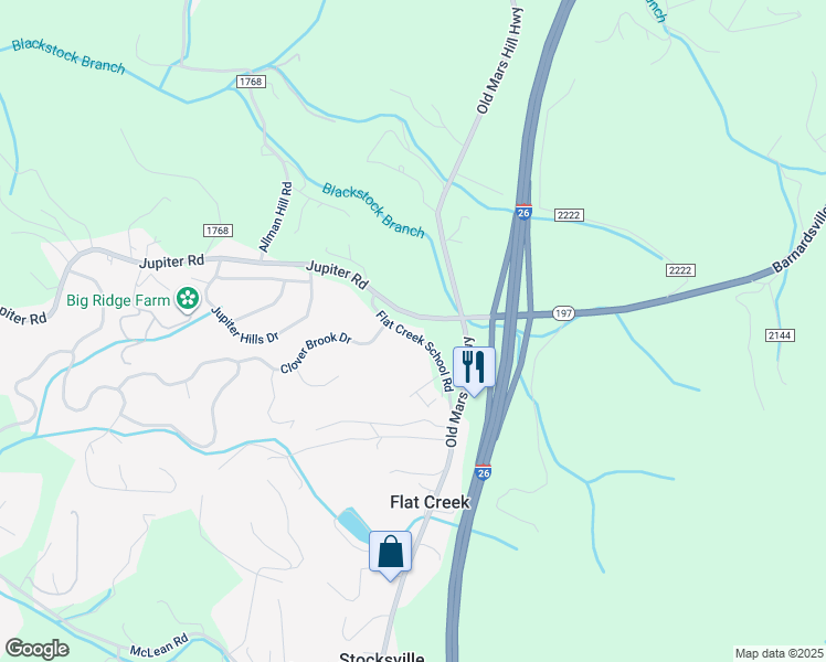 map of restaurants, bars, coffee shops, grocery stores, and more near 27 Flat Creek School Road in Weaverville