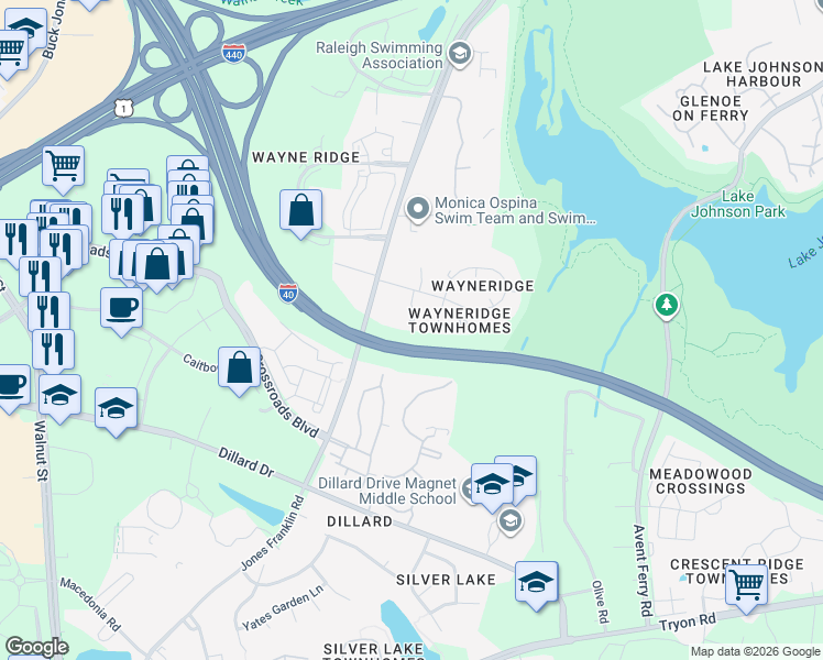 map of restaurants, bars, coffee shops, grocery stores, and more near 1611 Jones Franklin Road in Raleigh