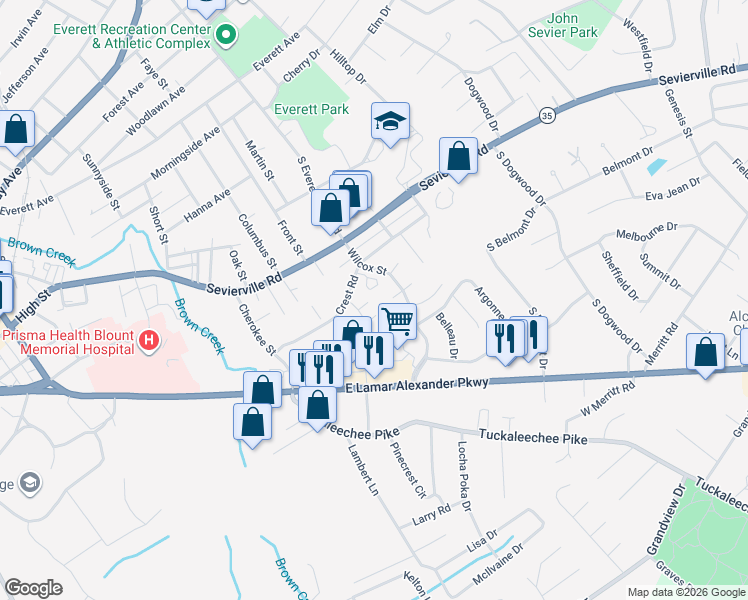 map of restaurants, bars, coffee shops, grocery stores, and more near 1716 Shetland Place in Maryville