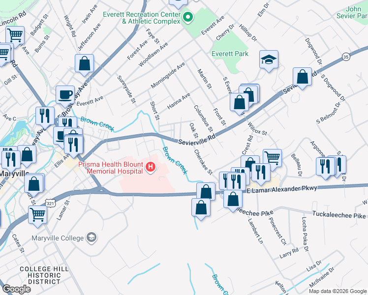 map of restaurants, bars, coffee shops, grocery stores, and more near 1412 Sevierville Road in Maryville