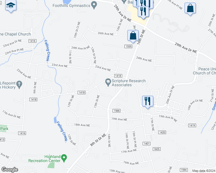 map of restaurants, bars, coffee shops, grocery stores, and more near 1350 21st Avenue Northeast in Hickory