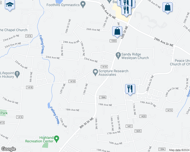 map of restaurants, bars, coffee shops, grocery stores, and more near 1350 21st Avenue Northeast in Hickory