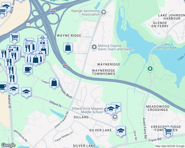 map of restaurants, bars, coffee shops, grocery stores, and more near 1611 Jones Franklin Road in Raleigh