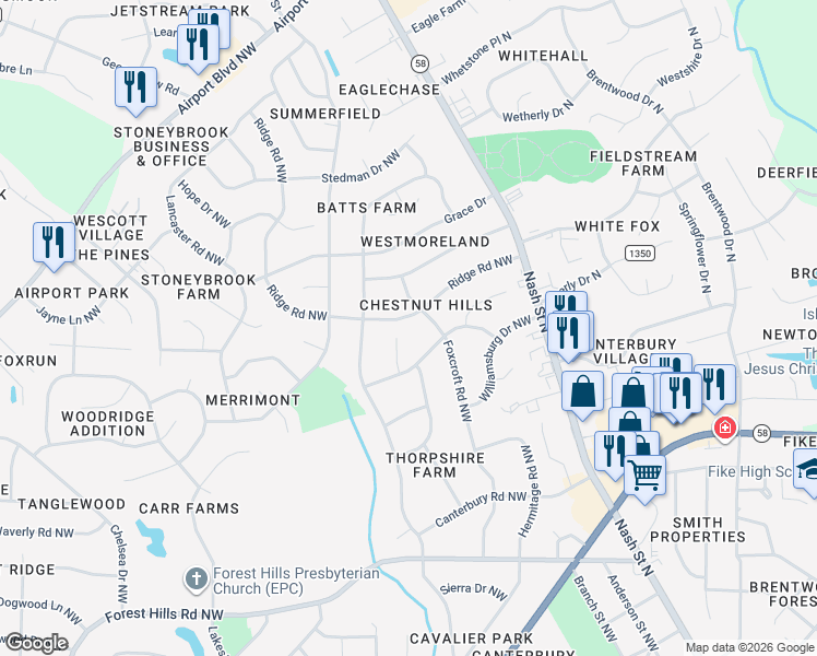 map of restaurants, bars, coffee shops, grocery stores, and more near 303 Ridge Road Northwest in Wilson