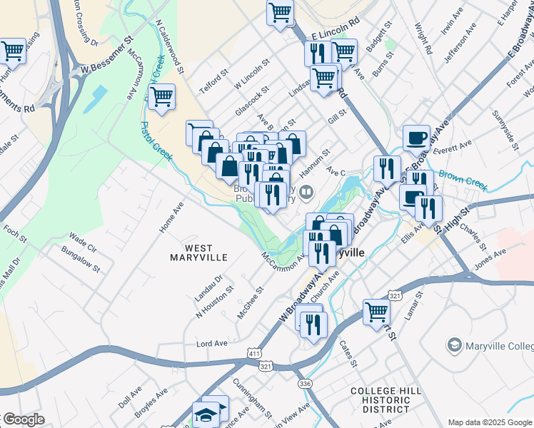 map of restaurants, bars, coffee shops, grocery stores, and more near 387 Hannum Street in Alcoa