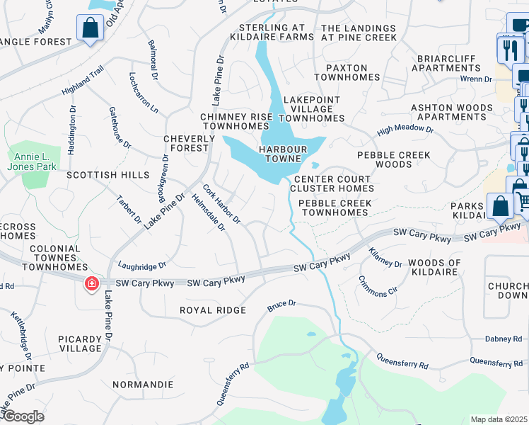 map of restaurants, bars, coffee shops, grocery stores, and more near 103 Keeton Lane in Cary