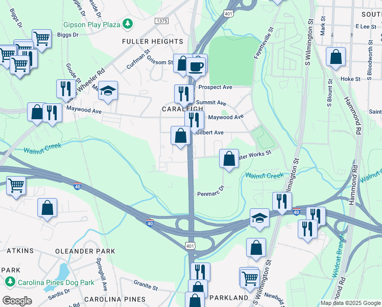 map of restaurants, bars, coffee shops, grocery stores, and more near South Saunders Street in Raleigh