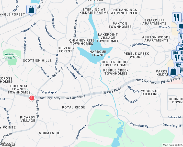 map of restaurants, bars, coffee shops, grocery stores, and more near 103 Keeton Lane in Cary