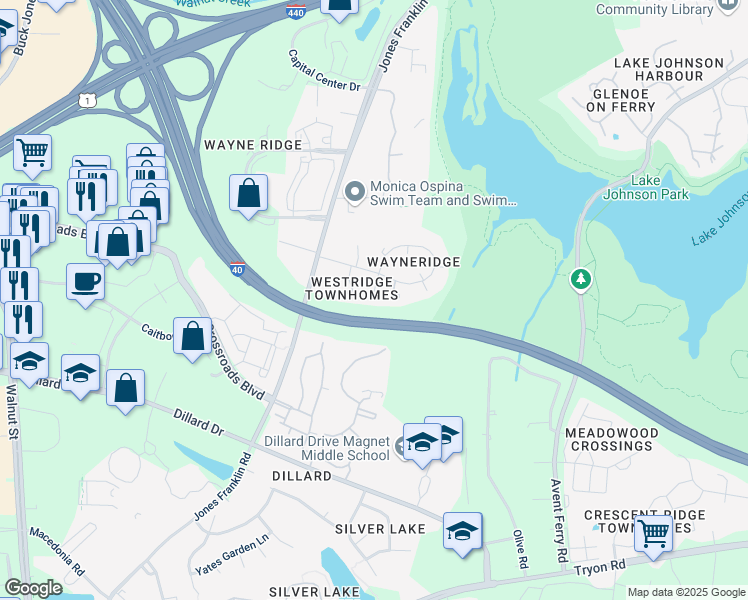 map of restaurants, bars, coffee shops, grocery stores, and more near 1625 Hammock Place in Raleigh