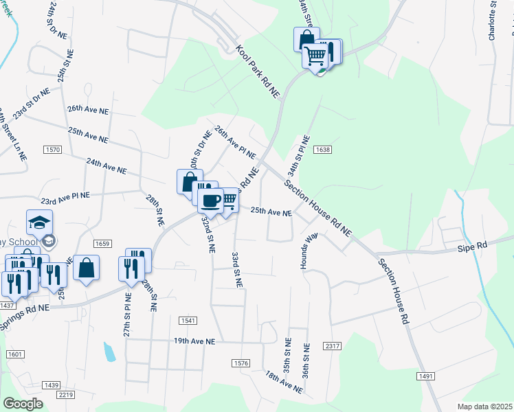 map of restaurants, bars, coffee shops, grocery stores, and more near 3335 25th Avenue Northeast in Hickory
