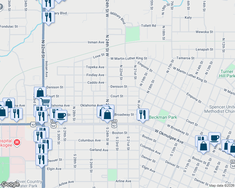 map of restaurants, bars, coffee shops, grocery stores, and more near 2126 Court Street in Muskogee