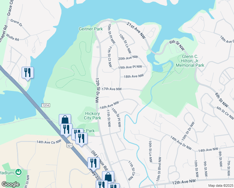 map of restaurants, bars, coffee shops, grocery stores, and more near 1639 10th Street Place Northwest in Hickory