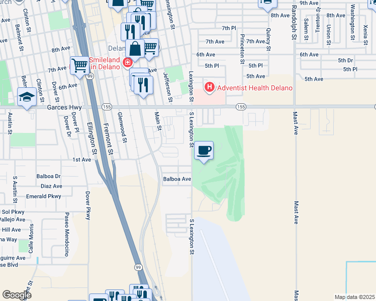 map of restaurants, bars, coffee shops, grocery stores, and more near 119 South Lexington Street in Delano