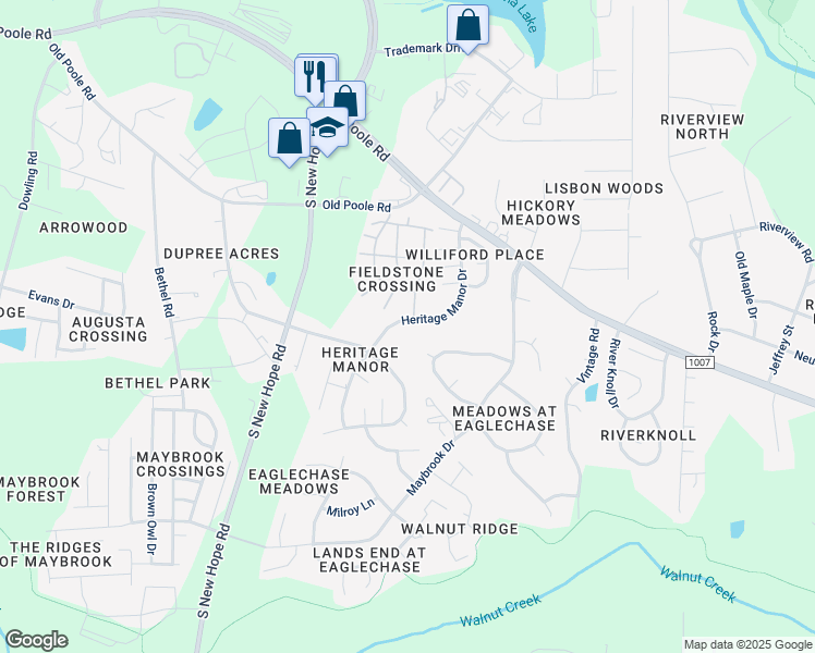 map of restaurants, bars, coffee shops, grocery stores, and more near 1115 Heritage Manor Drive in Raleigh