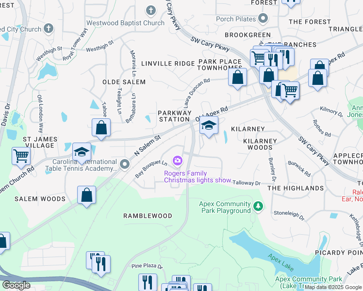 map of restaurants, bars, coffee shops, grocery stores, and more near 708 Blossom Bay Lane in Apex