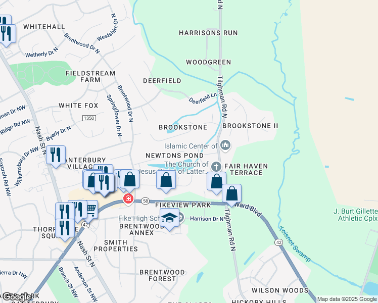 map of restaurants, bars, coffee shops, grocery stores, and more near 2560 Pond Drive North in Wilson