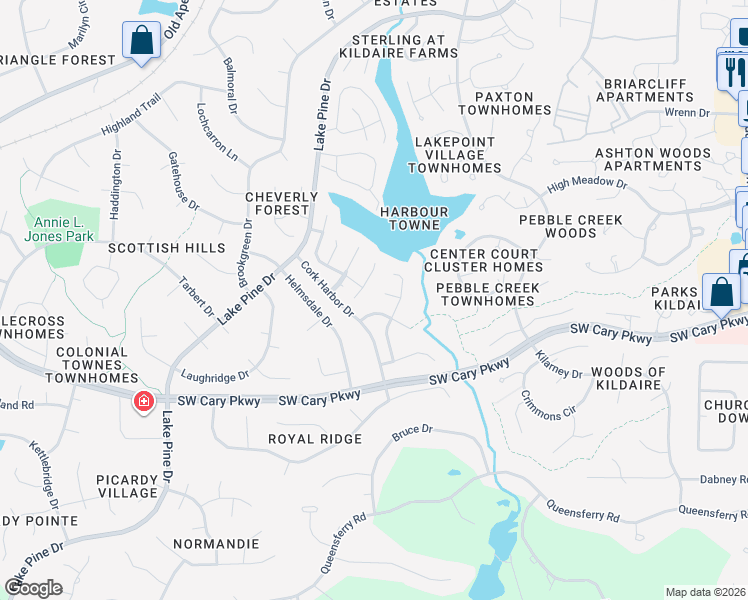 map of restaurants, bars, coffee shops, grocery stores, and more near 107 Keeton Ln in Cary