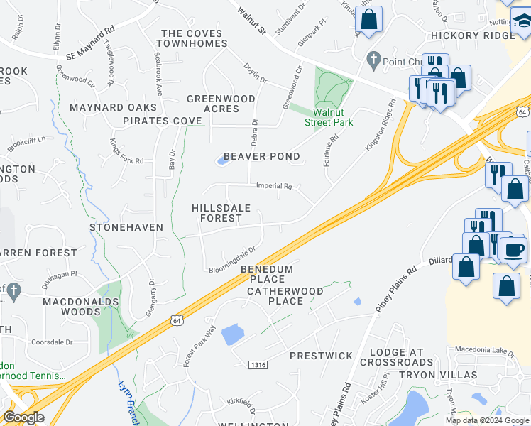 map of restaurants, bars, coffee shops, grocery stores, and more near 1332 Bloomingdale Drive in Cary
