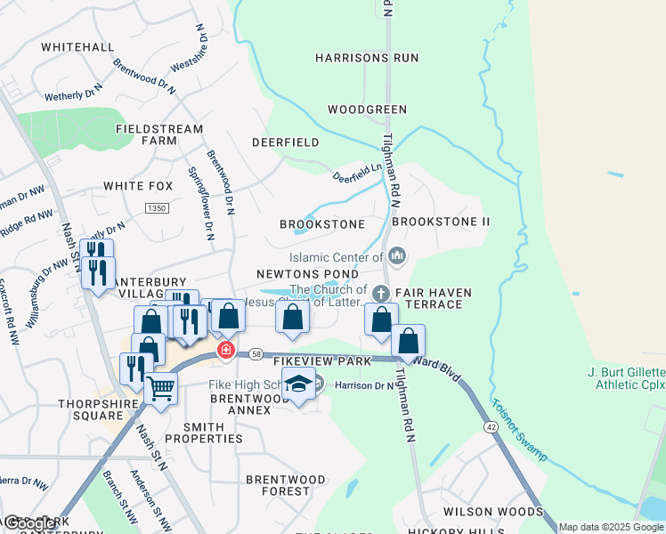 map of restaurants, bars, coffee shops, grocery stores, and more near 2560 Pond Drive North in Wilson