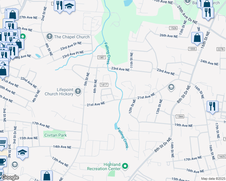 map of restaurants, bars, coffee shops, grocery stores, and more near 843 21st Avenue Northeast in Hickory