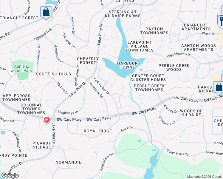 map of restaurants, bars, coffee shops, grocery stores, and more near 107 Keeton Lane in Cary