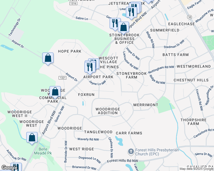 map of restaurants, bars, coffee shops, grocery stores, and more near 3507 Jayne Lane Northwest in Wilson