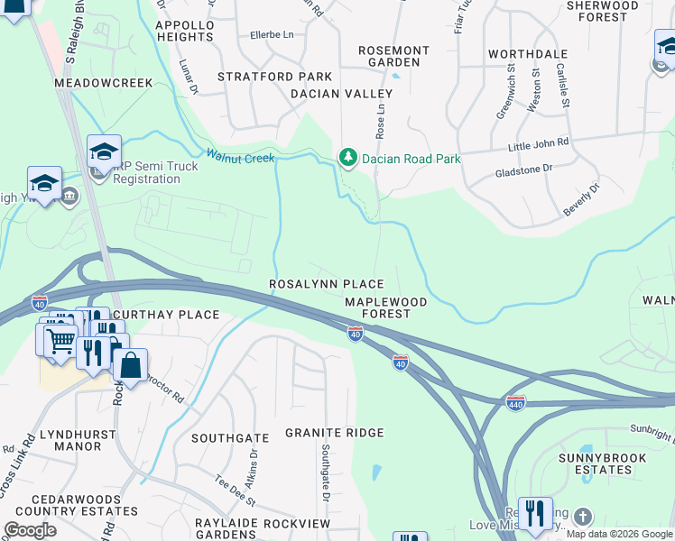 map of restaurants, bars, coffee shops, grocery stores, and more near 2418 Jimmy Carter Way in Raleigh