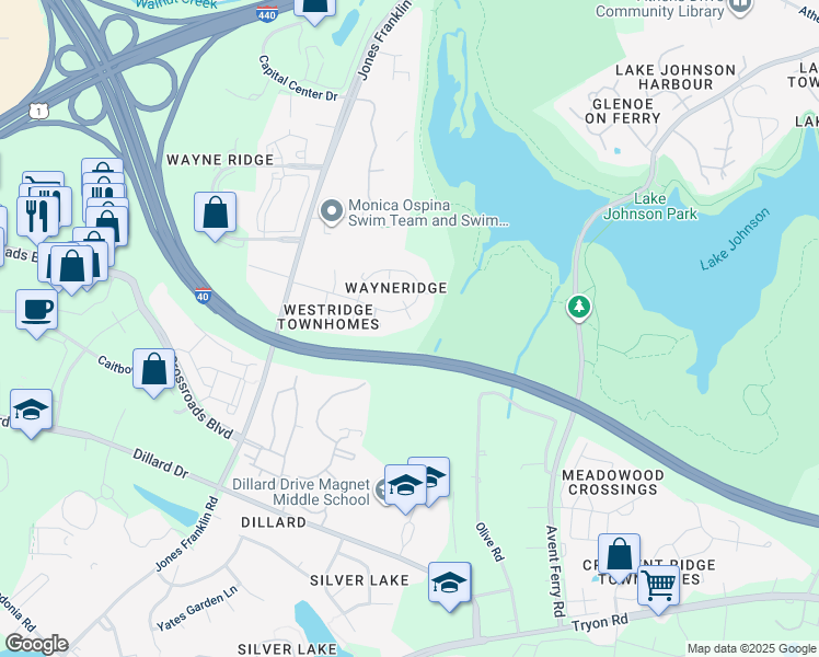 map of restaurants, bars, coffee shops, grocery stores, and more near 5363 Wayne Street in Raleigh