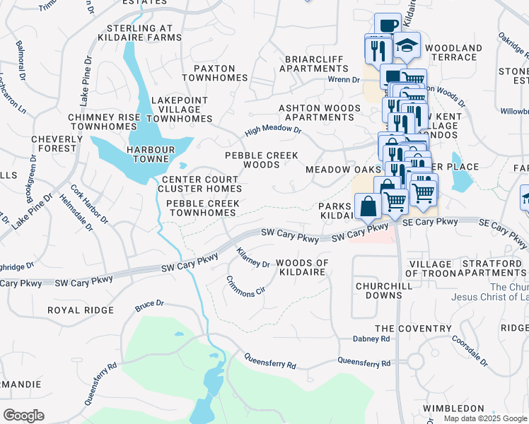 map of restaurants, bars, coffee shops, grocery stores, and more near 151 Carmichael Court in Cary