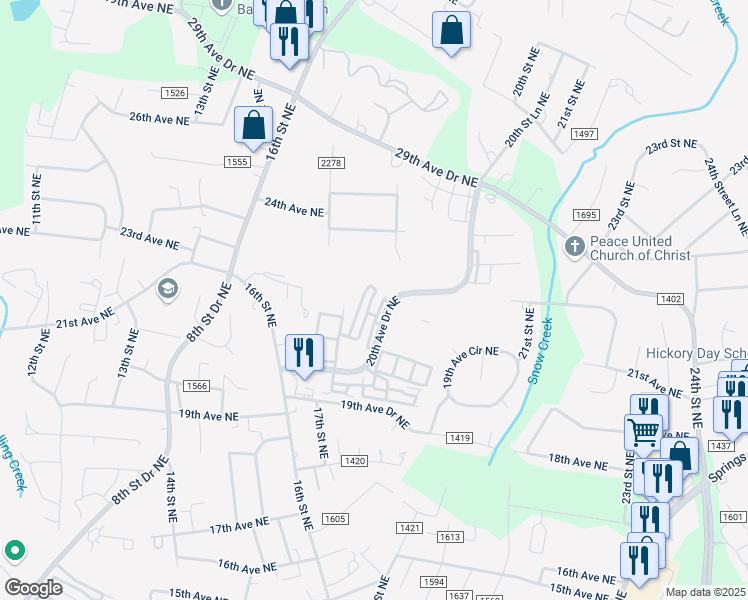 map of restaurants, bars, coffee shops, grocery stores, and more near 2147-2229 20th Avenue Drive Northeast in Hickory