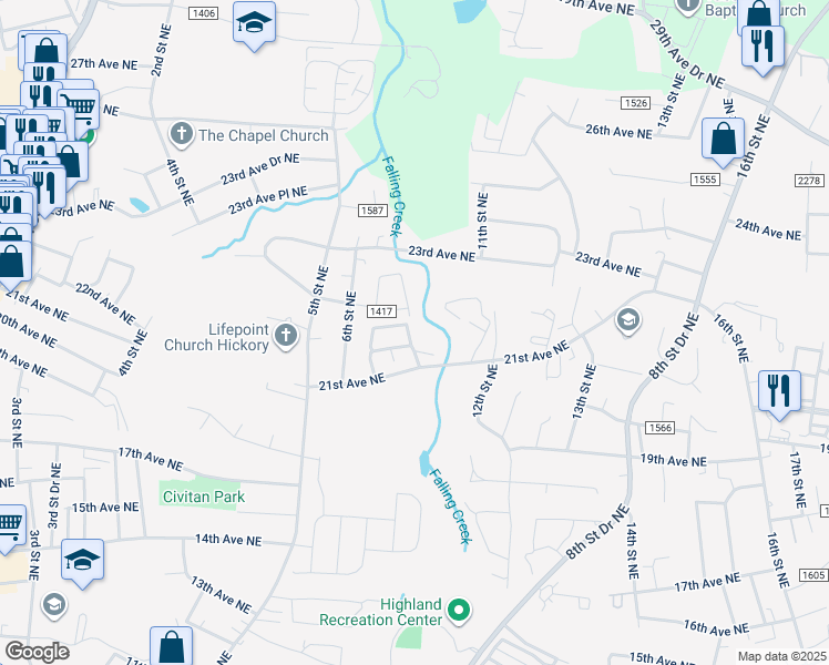 map of restaurants, bars, coffee shops, grocery stores, and more near 843 21st Avenue Northeast in Hickory