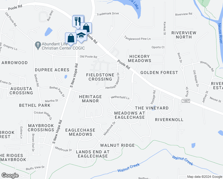 map of restaurants, bars, coffee shops, grocery stores, and more near 1071 Heritage Manor Drive in Raleigh