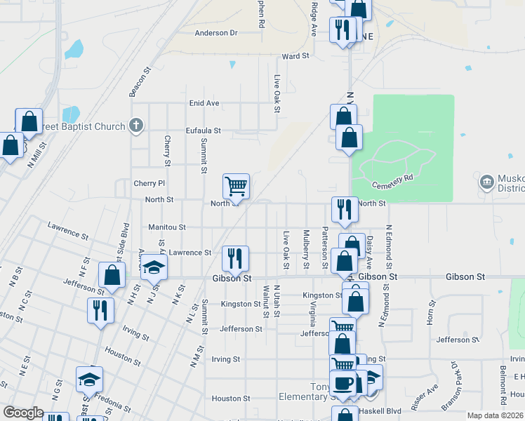 map of restaurants, bars, coffee shops, grocery stores, and more near 1315 Walnut Street in Muskogee