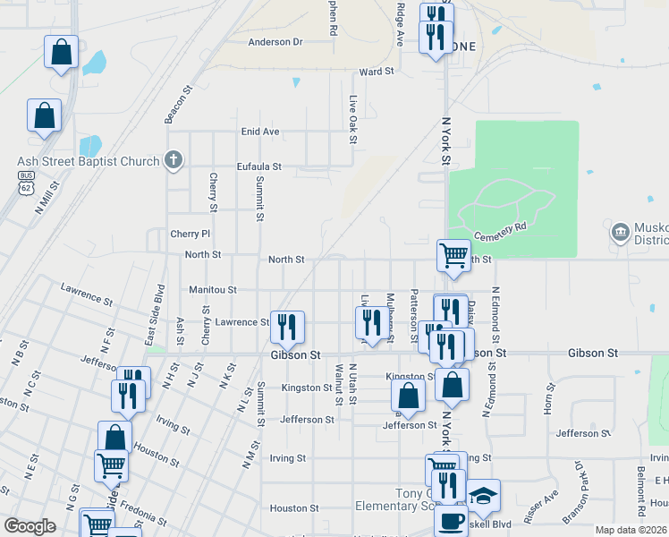 map of restaurants, bars, coffee shops, grocery stores, and more near 1315 Walnut Street in Muskogee