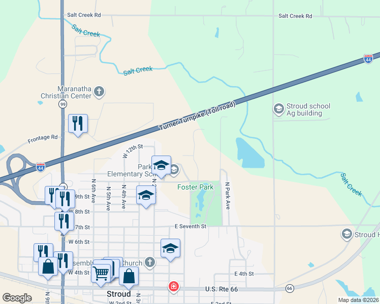 map of restaurants, bars, coffee shops, grocery stores, and more near 121 East Park Plaza Drive in Stroud