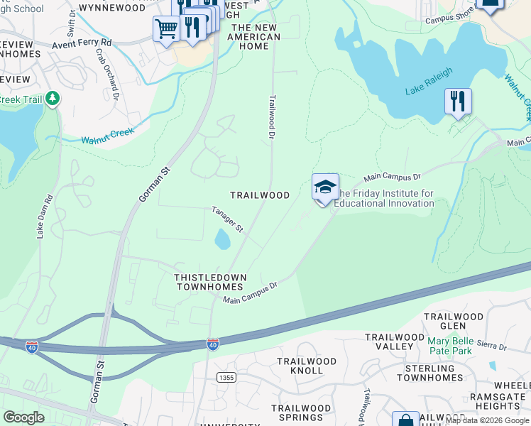 map of restaurants, bars, coffee shops, grocery stores, and more near 1515 Trailwood Drive in Raleigh