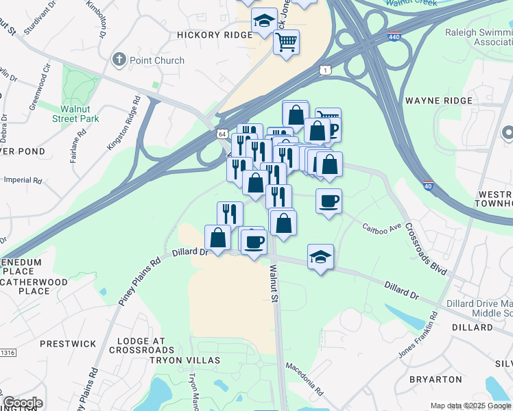 map of restaurants, bars, coffee shops, grocery stores, and more near 1910 Walnut Street in Cary